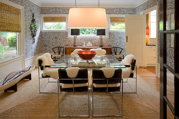 Fascinating Modern Dining Room Tables Applying Clear Glass Materials and Furnished with Soft Chairs