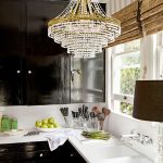 Glorious Kitchen Lighting Ideas Hung at Traditional Kitchen Matched with Black Wall Cabinets