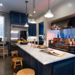 Gorgeous Navy Blue Nuance of Kitchen Decorated with Best Backsplash Ideas Enlightened by Trio Pendant Lamps