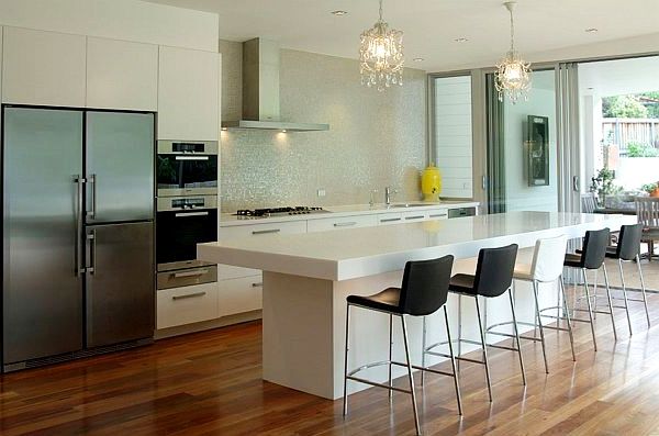 Interesting Minimalist Kitchen Applying Modern Kitchen Lighting with Kitchen Island and Cupboards Completed with Refrigerator Plus Ovens and Stove
