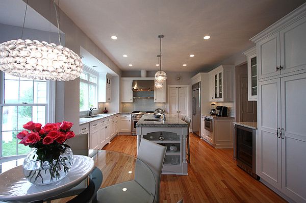 Outstanding Traditional Kitchen with Modern Kitchen Lighting Furnished with Island Applying Marble Countertop