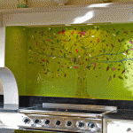 Refreshing Green Backsplash Designs Applied in Contemporary Kitchen Which is Completed with Modern Wall Storage