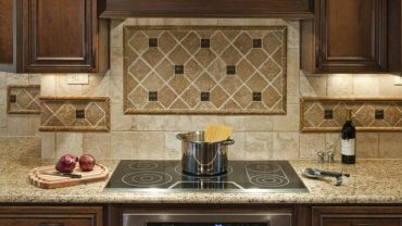 Rustic Themes of Kitchen Applying Wood Kitchen Cabinets Combined with Tiled Backsplash Designs