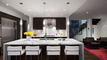 Stunning Kitchen Island of Modern Kitchen Designs Applying White Granite Materials Plus Completed with Sink