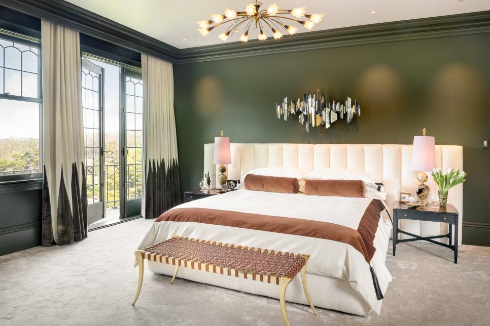 Surprising Master Bedroom Colors Applying Dark Green also White Furnished with Queen Bed and Nightstands