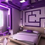 All Purple Bedroom with Maze Wall Decoration and Sleek Bedding and Seating
