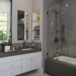 Bathroom Interior with Practical Storage and Single Modern Sink Besides Recessed Wall Shelving