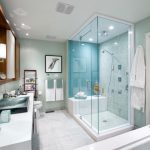 Blue Accent as the Wall Variation in Contemporary Bathroom Furnished with White Clean Appliances