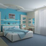 Calming Bedroom with Blue Color and Enlightened by Recessed Lighting under the Mounted Shelves