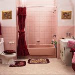 Cheap Bathroom Ideas Applying Soft Pink as the Main Interior Colors as the Wall and Curtains