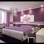 Chic Bedroom in Purple with Unique Chandelier and White Color as Background and Garments