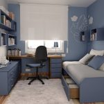 Chic Blue Bedroom with Studying Space and Moving Chair and White Carpet