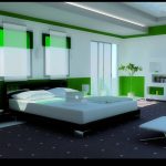 Fresh Bedroom Theme with White and Green Used on Grey Platform in Minimalist Decor