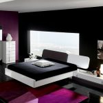 Lavish Bedroom with black and purple color themes using white background facing outdoor views