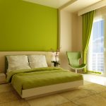 Lime Green Bedroom Interior with Sleek Bedding besides Large Glass WIndows with Green Curtains