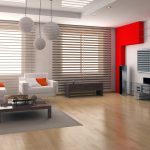 Modern Blinds with Light Flooring Color and White Cozy Sofas Having Red as the Color Popping Up