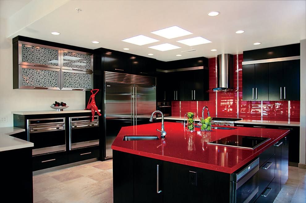Red and Black Ultramodern Kitchen in Big Size and Large Fridge