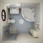 Small Bathroom with Curved White Bathtun ad Round Windows Besides Curvy Shower Spot