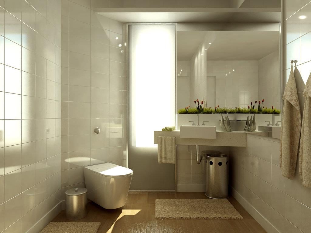 Small White Bathroom with LIghter WOoden Flooring Furnished with All WHite Bathroom Elements