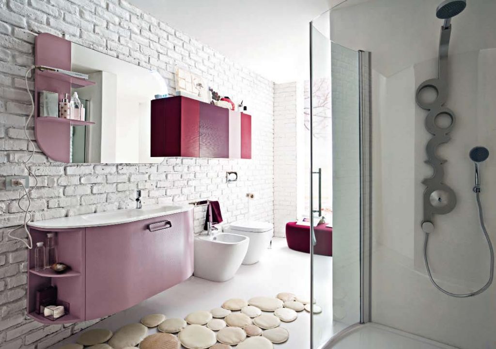 Soft Pink Bathroom Theme Having Mounted Counter and Rustic Brick Wal in White