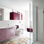 Soft Pink Bathroom Theme Having Mounted Counter and Rustic Brick Wal in White