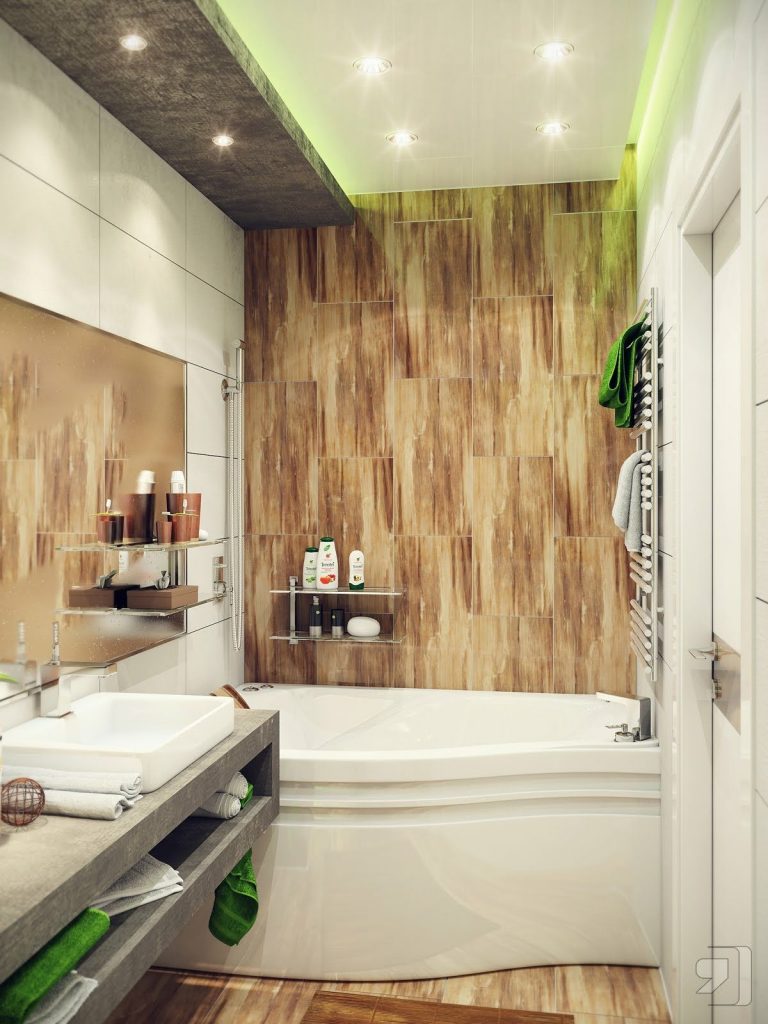 Sophisticated Small Bathroom with Rusticity as Wall Accent in Green Recessed Lighting