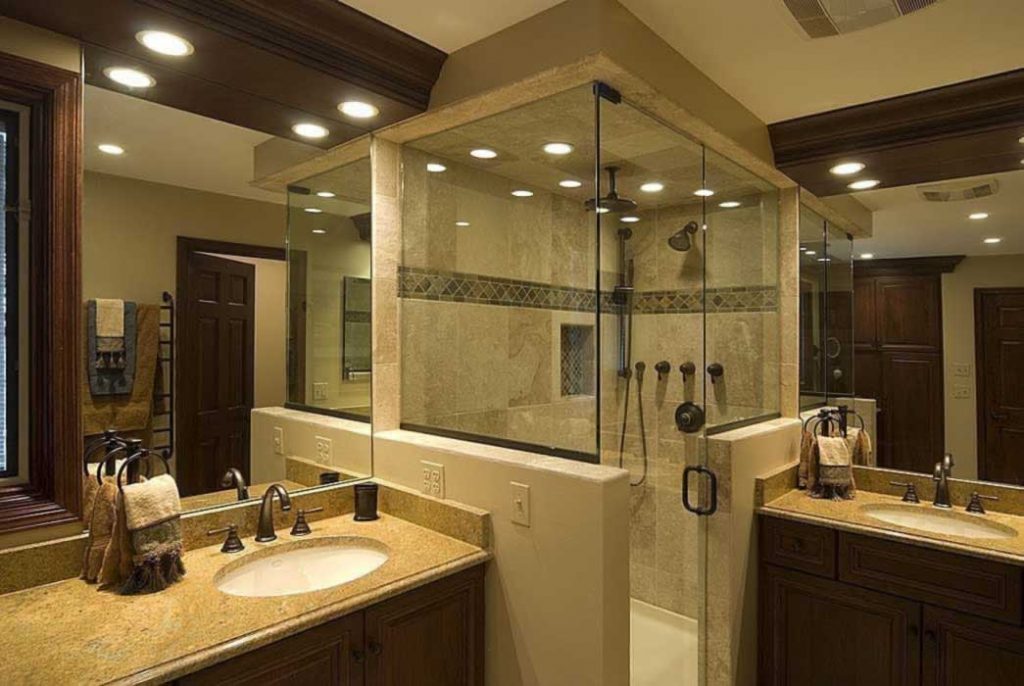 Tuscany bathroom Inspiration for Luxurious Layout wit Glass Door for the Shower Area