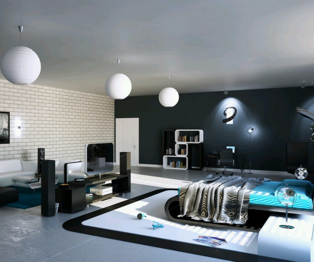 Ultramodern Masculine Bedroom with Modern Round Lighting Fixture above White and Blue Nuance