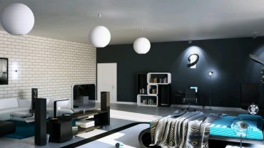 Ultramodern Masculine Bedroom with Modern Round Lighting Fixture above White and Blue Nuance