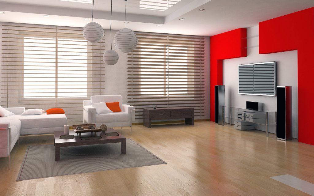 WOoden Flooring with White Sofas and Red Wall Accent with White Lighting