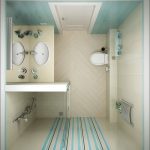 White Bathroom Interior Having Light Blue Colors and Stripes as the Wall Accent