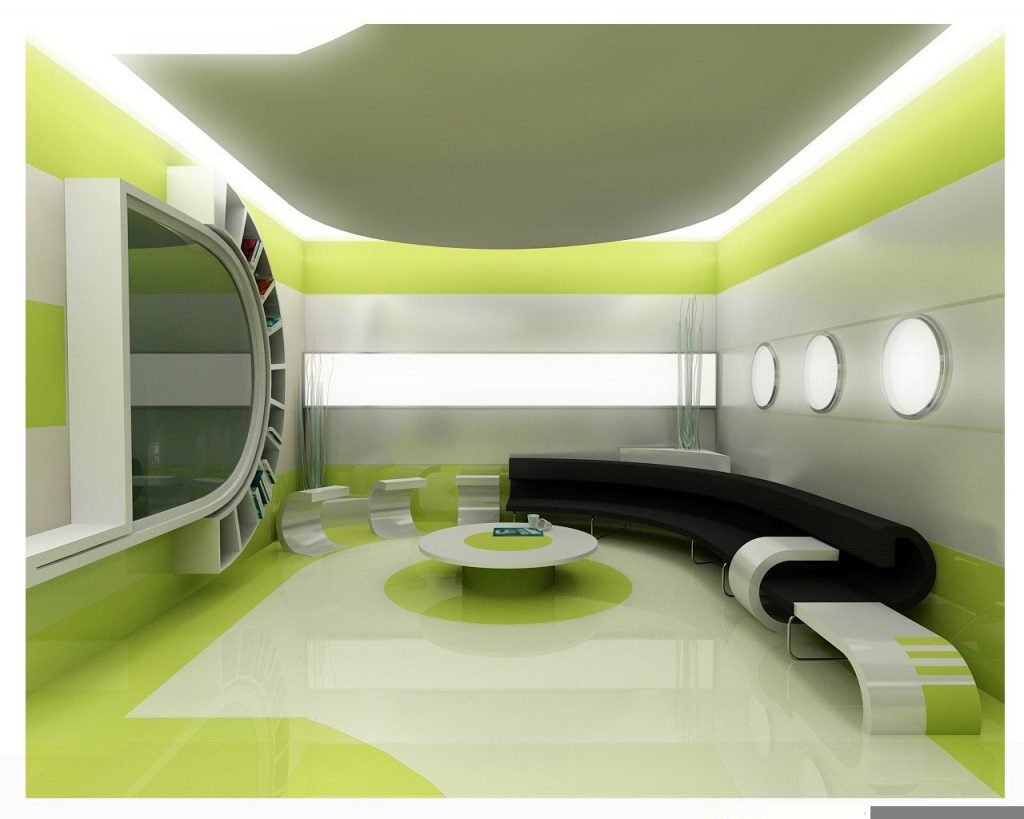 White and Green Seating Room Design with Futuristic Theme and Bright Lighting Fixture