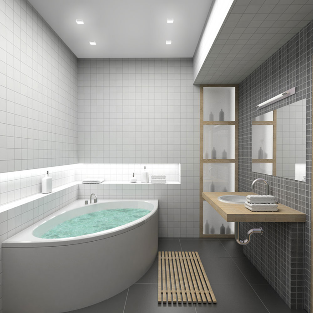 Zen Inspired Bathroom with White Palette and Wooden Mounted Sink Set on Black Tile Floor