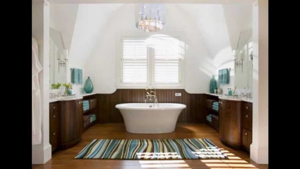 (10) Crystal Chandelier above White Bathtub for Enchanting Family Bathroom Ideas with Wooden Vanities and Shelves