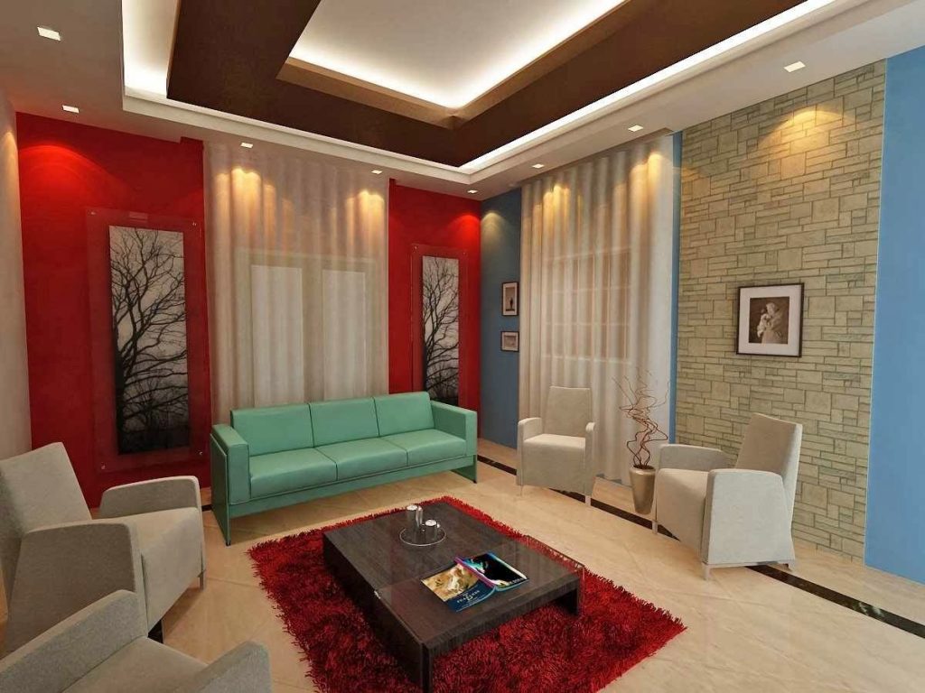 (10) Place Blue Sofa and Grey Chairs near Laminate Coffee Table on Red Carpet Rug for Best Living Room Design 2016