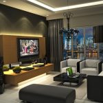 (2) Best Living Room Design 2016 in Dark Theme with Black Chandelier and Glossy Coffee Table