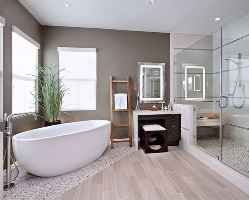 (2) Placing White Bathtub and Dressing Table beside Closed Glass Shower Room for Brilliant Family Bathroom Ideas