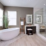 (2) Placing White Bathtub and Dressing Table beside Closed Glass Shower Room for Brilliant Family Bathroom Ideas