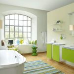 (3) Use Green Details on Floating Vanity and Cabinet inside Comfy Family Bathroom Ideas with White Bathtub