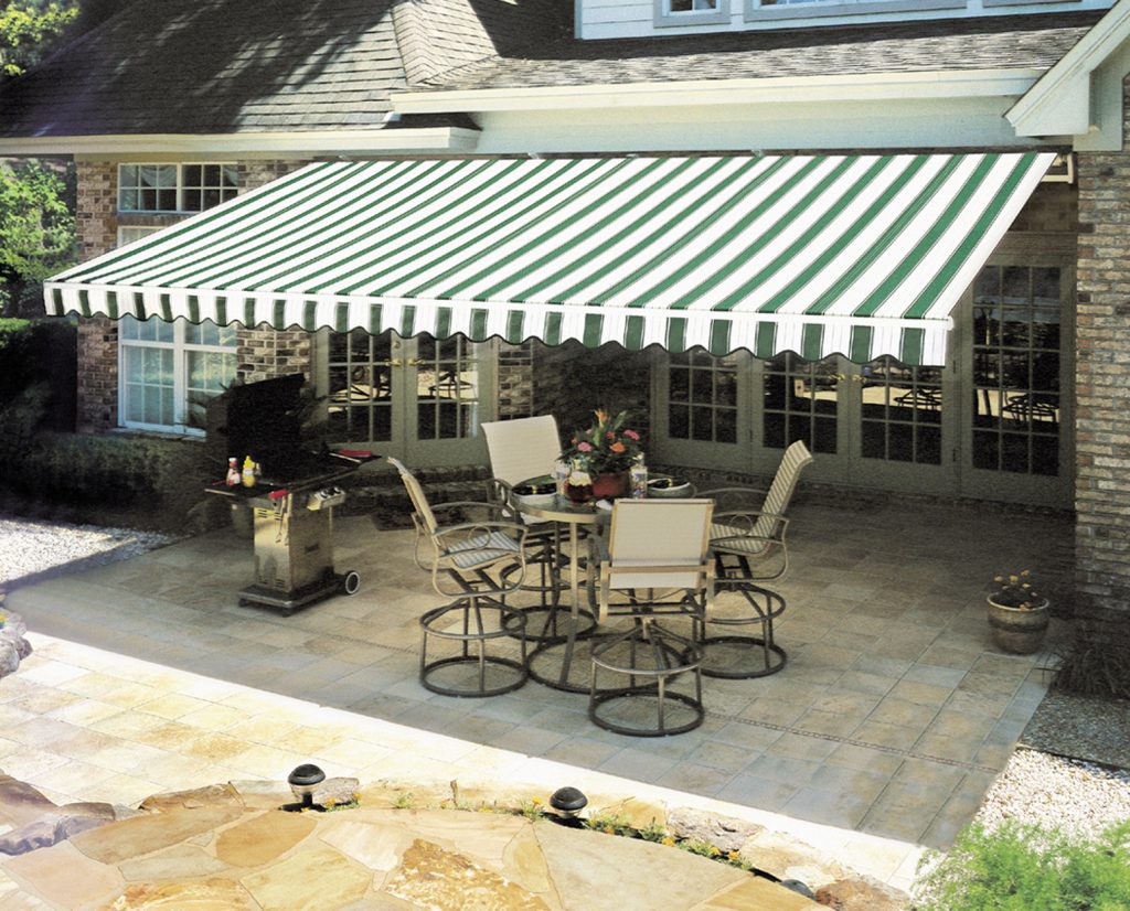 striped retractable awning